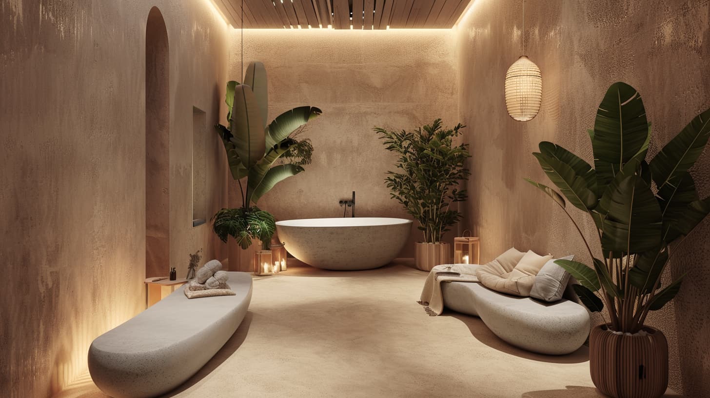 Luxury spa interior with seamless microcement surfaces